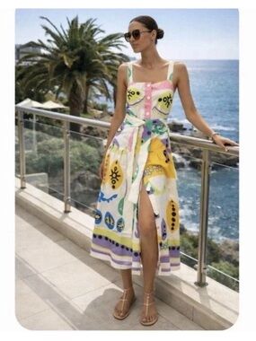 Zara Multicolor Abstract  Printed Midi Dress with Front Slit Resort Vacation
